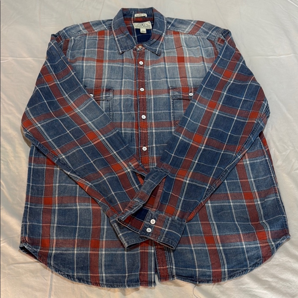 Lucky Brand Casual Classic Fit Plaid Button Down Shirt Light Blue and Red